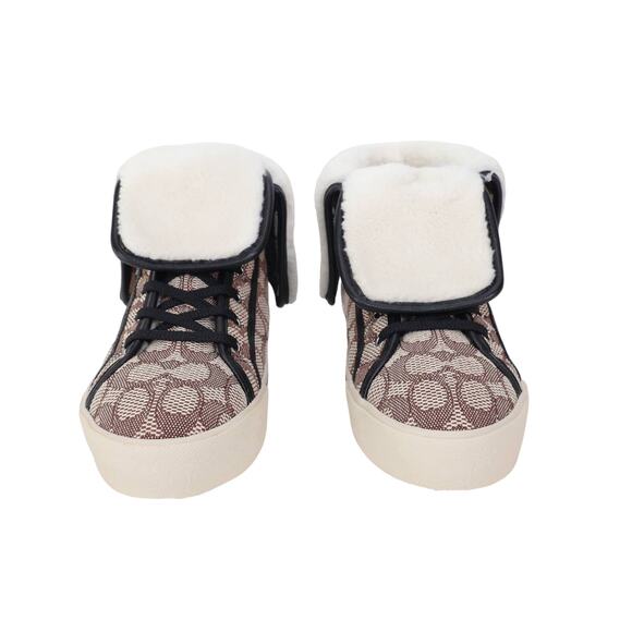 Coach Womens Sig Jacquard Fold Over Sherpa High Tops-Womens 9-Cocoa/Black-NWT - Picture 4 of 13